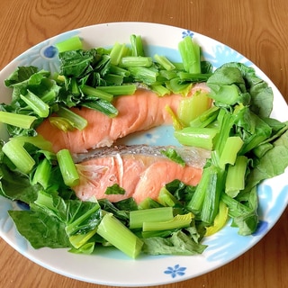 鮭と小松菜のレンジ蒸し